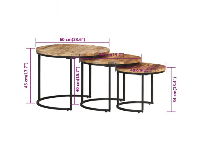 Sonata H Стифиращи маси, 3 бр, грубо мангово дърво
