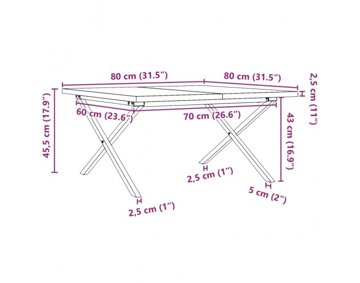 Sonata H Кафе маса X-образна рамка 80x80x45,5 см бор масив и чугун