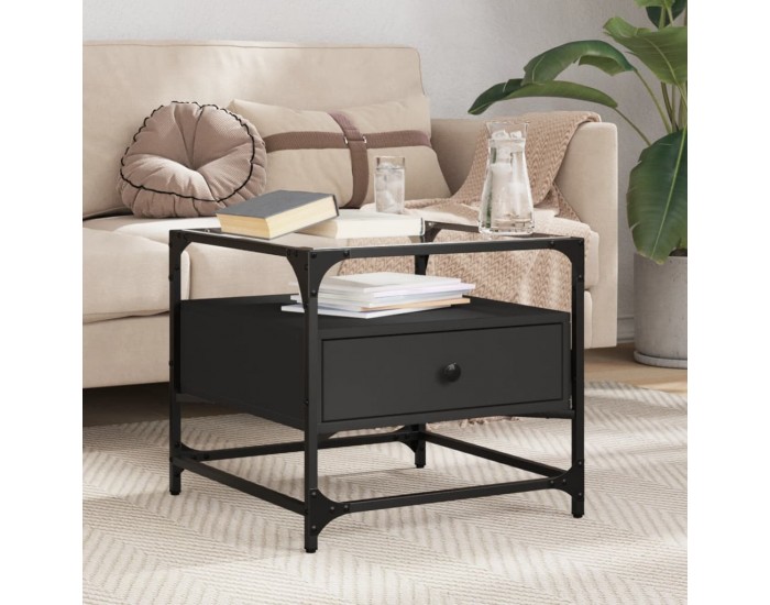 Sonata H Маса за кафе със стъклен плот, черна, 50x50x45 см, стомана