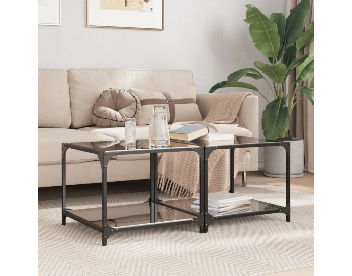 Sonata H Маси за кафе с черен стъклен плот 2 бр 50x50x40 см стомана