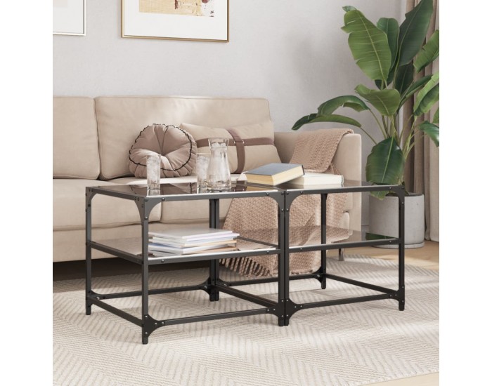 Sonata H Маси за кафе с черен стъклен плот 2 бр 50x50x45 см стомана