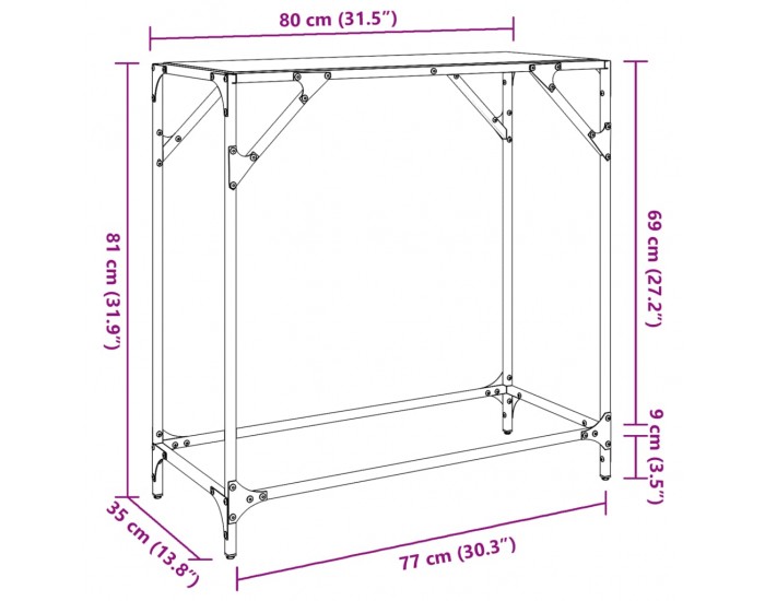 Sonata H Конзолна маса с черен стъклен плот 80x35x81 см стомана