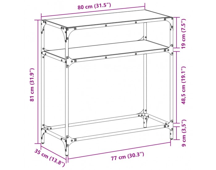 Sonata H Конзолна маса с черен стъклен плот 80x35x81 см стомана