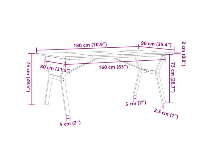Sonata H Трапезна маса Y-образна рамка 180x90x75 см бор масив и чугун