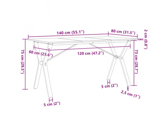 Sonata H Трапезна маса Y-образна рамка 140x80x75 см бор масив и чугун