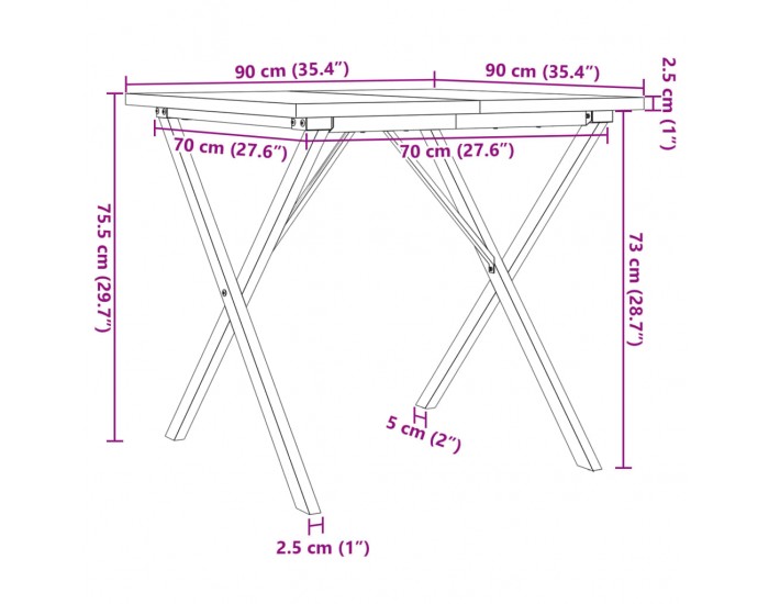 Sonata H Трапезна маса X-образна рамка 90x90x75,5 см бор масив и чугун