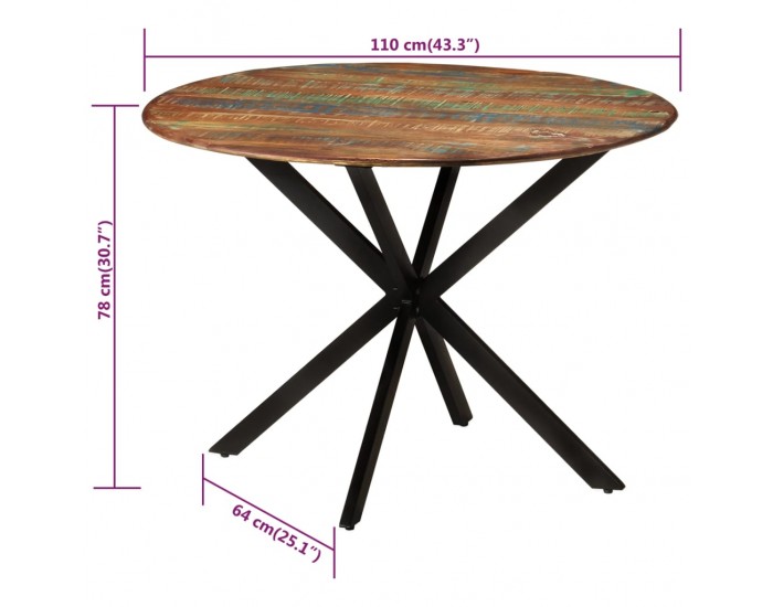 Sonata H Трапезна маса, Ø110x78 cм, регенерирано дърво масив и стомана