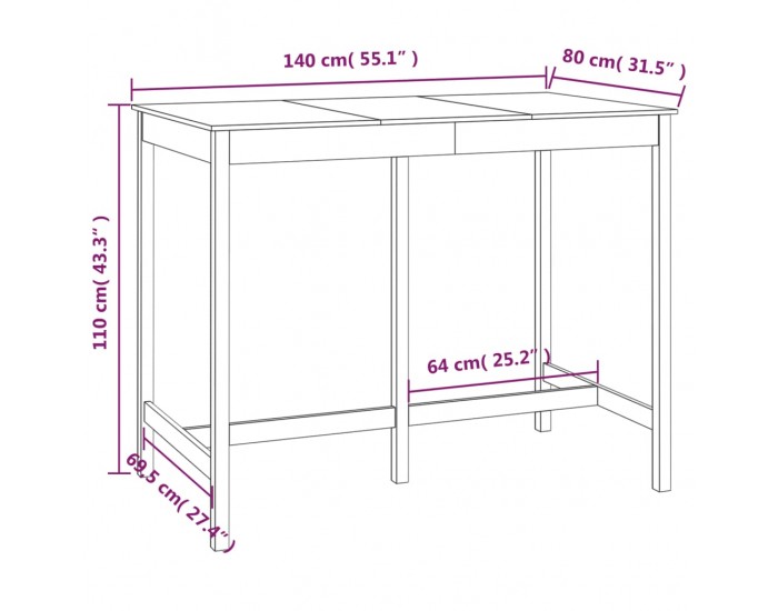 Sonata H Бар маса, меденокафява, 140x80x110 см, борово дърво масив