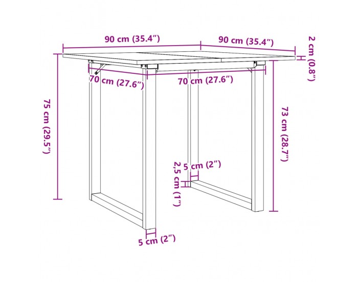 Sonata H Трапезна маса О-образна рамка 90x90x75 см бор масив и чугун