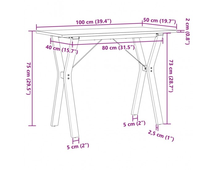 Sonata H Трапезна маса Y-образна рамка 100x50x75 см бор масив и чугун