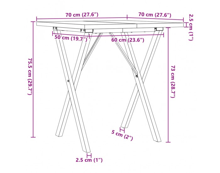 Sonata H Трапезна маса X-образна рамка 70x70x75,5 см бор масив и чугун