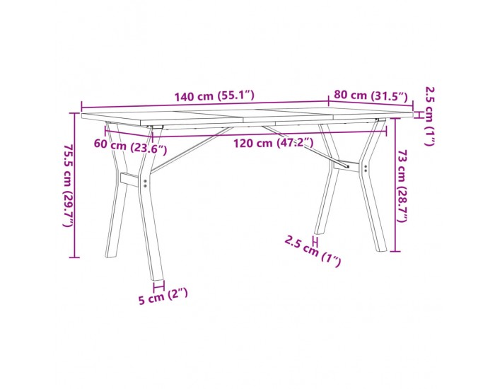 Sonata H Трапезна маса Y-образна рамка 140x80x75,5 см бор масив и чугун