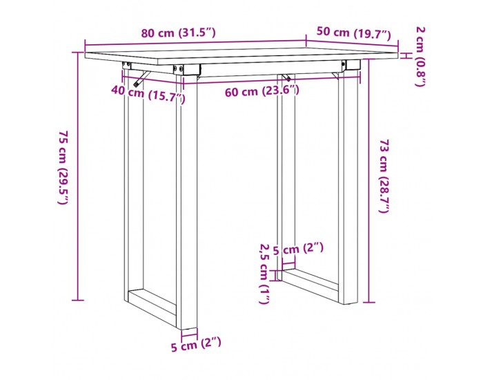 Sonata H Трапезна маса О-образна рамка 80x50x75 см бор масив и чугун