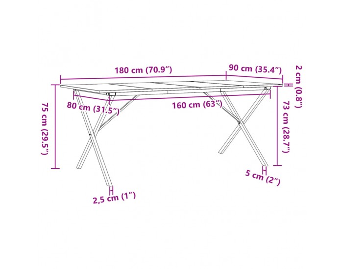 Sonata H Трапезна маса X-образна рамка 180x90x75 см бор масив и чугун