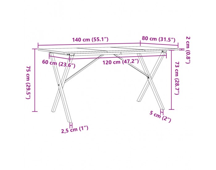 Sonata H Трапезна маса X-образна рамка 140x80x75 см бор масив и чугун