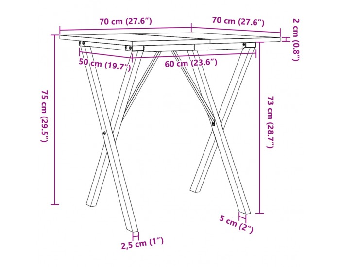 Sonata H Трапезна маса X-образна рамка 70x70x75 см бор масив и чугун