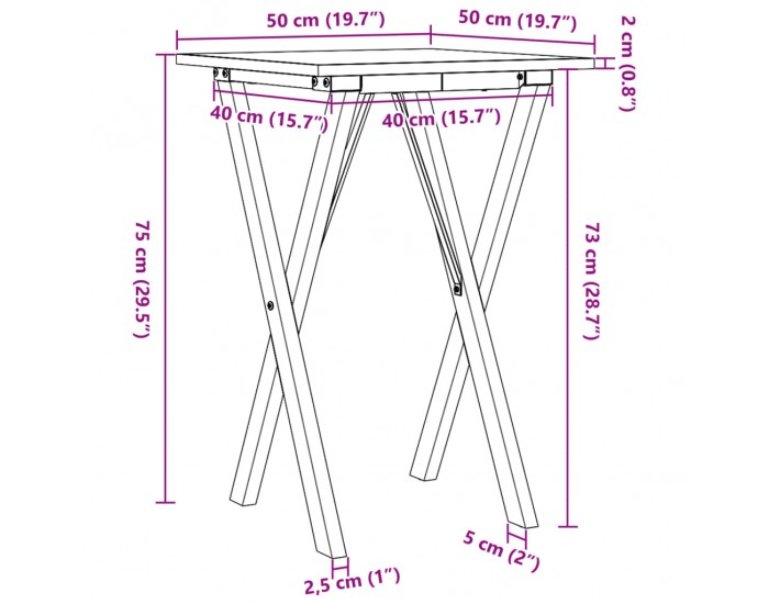 Sonata H Трапезна маса X-образна рамка 50x50x75 см бор масив и чугун