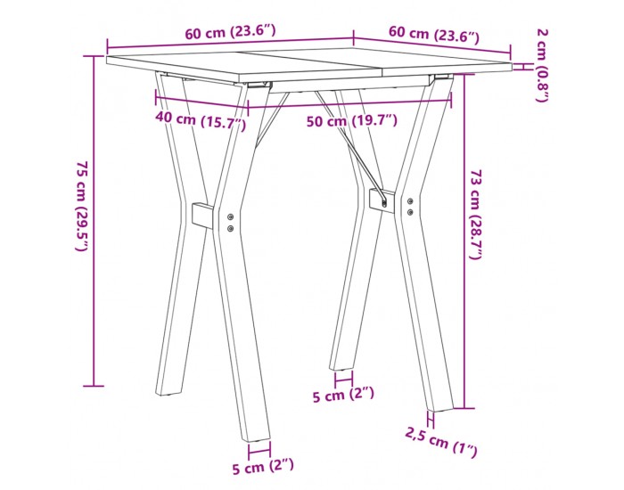 Sonata H Трапезна маса Y-образна рамка 60x60x75 см бор масив и чугун