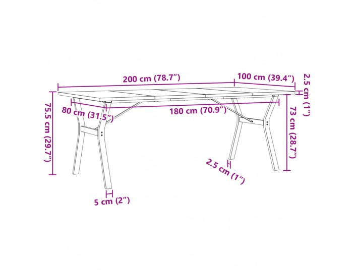 Sonata H Трапезна маса Y-образна рамка 200x100x75,5 см бор масив и чугун
