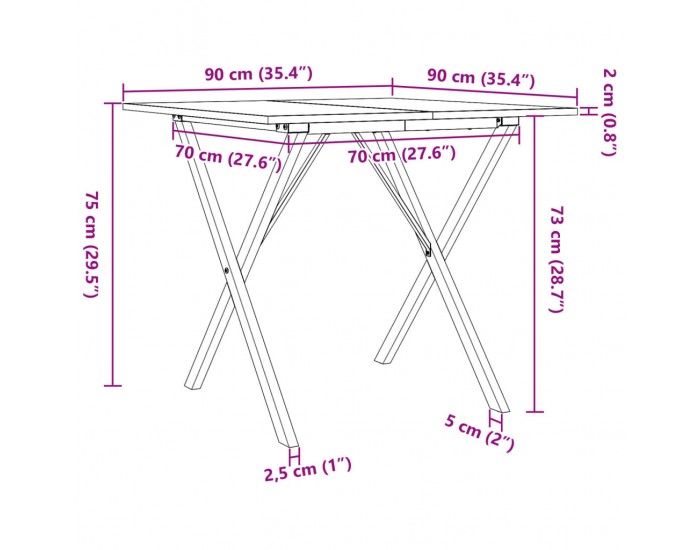 Sonata H Трапезна маса X-образна рамка 90x90x75 см бор масив и чугун