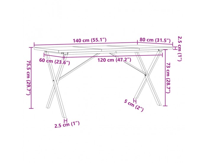Sonata H Трапезна маса X-образна рамка 140x80x75,5 см бор масив и чугун