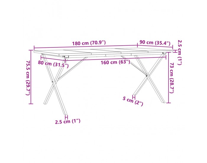 Sonata H Трапезна маса X-образна рамка 180x90x75,5 см бор масив и чугун
