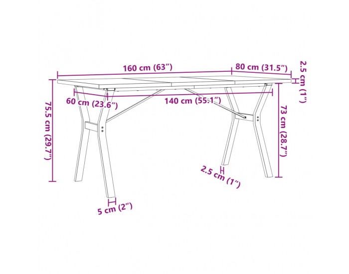 Sonata H Трапезна маса Y-образна рамка 160x80x75,5 см бор масив и чугун