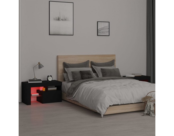 Sonata H Нощни шкафчета, 2 бр, с LED осветление, черни, 70x36,5x40 см