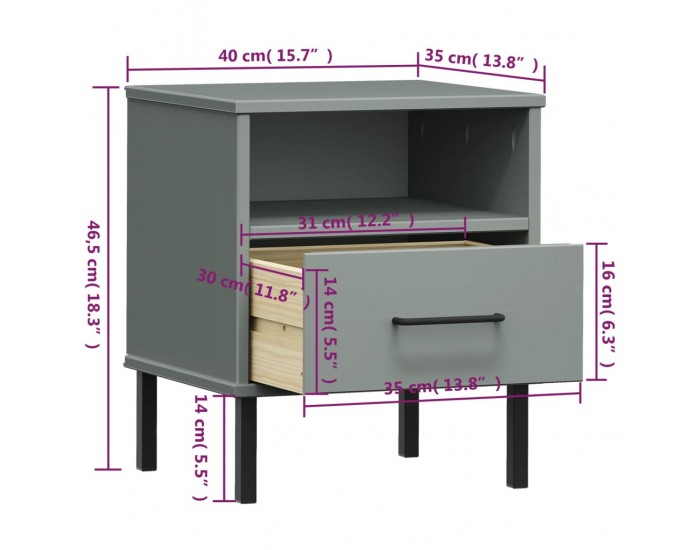Sonata H Нощно шкафче с метални крака сив бор масив OSLO