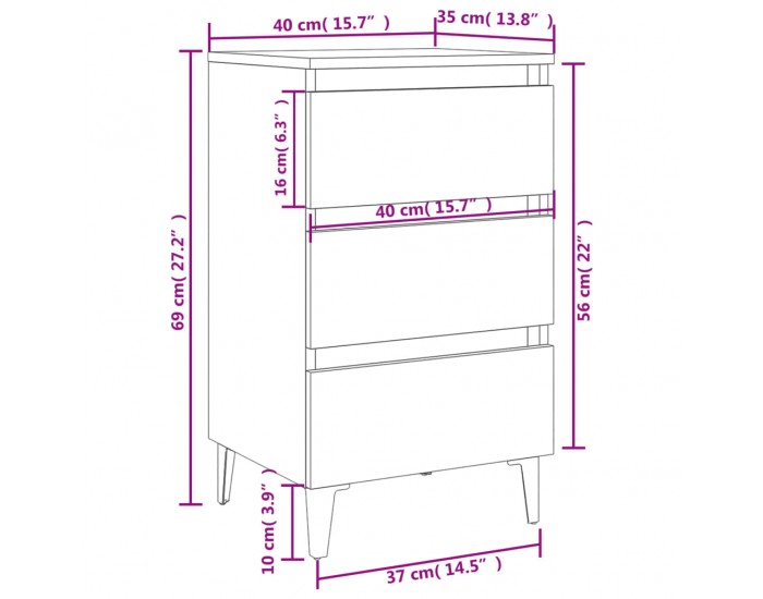 Sonata H Нощно шкафче с метални крака, опушен дъб, 40x35x69 см