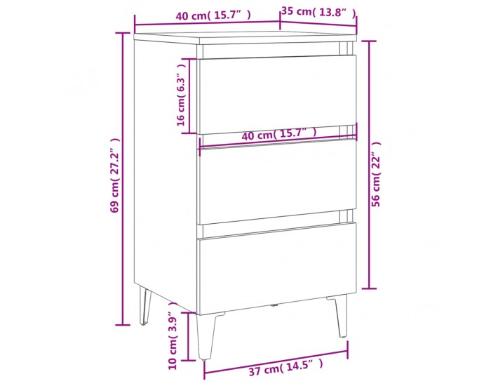Sonata H Нощно шкафче с метални крака, сив сонома, 40x35x69 см