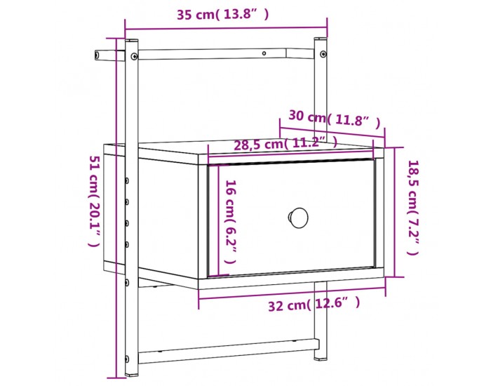 Sonata H Нощно шкафче стенно опушен дъб 35x30x51 см инженерно дърво