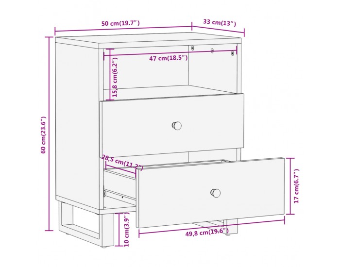 Sonata H Нощно шкафче, кафяво и черно, 50x33x60 см, мангово дърво масив