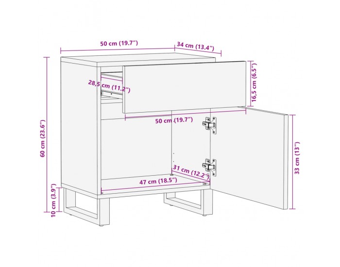 Sonata H Нощно шкафче, бяло, 50x34x60 см, мангово дърво масив