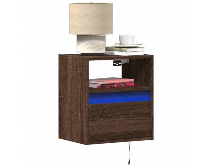 Sonata H Нощни шкафчета за стена с LED осветление, 2 бр, кафяв дъб