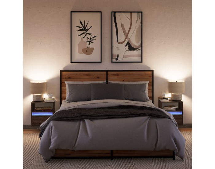 Sonata H Нощни шкафчета за стена с LED осветление, 2 бр, кафяв дъб