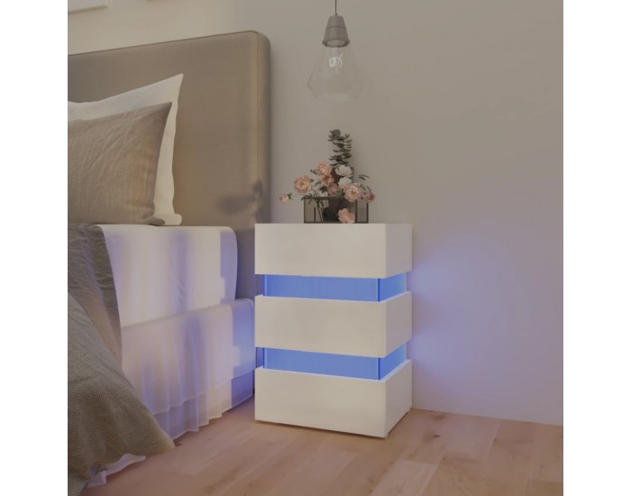 Sonata H Нощно шкафче с LED, бял гланц, 45x35x67 см, инженерно дърво