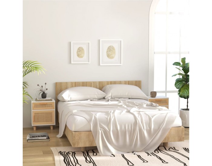 Sonata H Нощно шкафче, бяло, борово дърво масив и естествен ратан