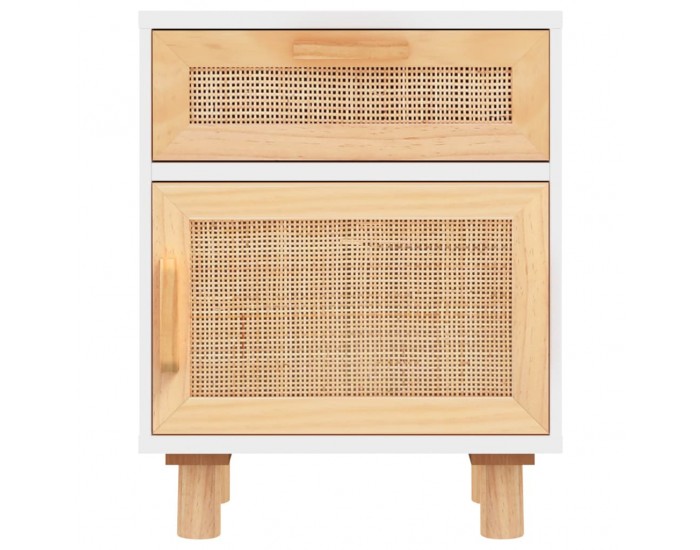 Sonata H Нощно шкафче, бяло, борово дърво масив и естествен ратан