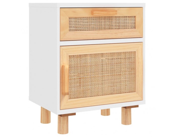 Sonata H Нощно шкафче, бяло, борово дърво масив и естествен ратан