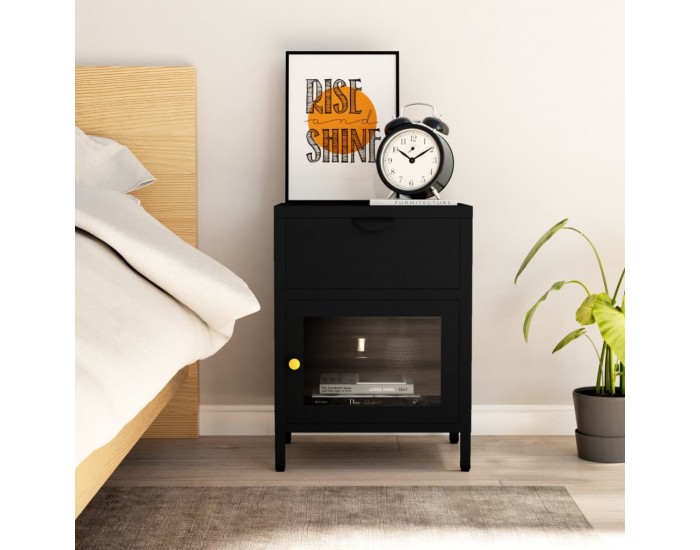 Sonata H Нощно шкафче, черно, 40x30x54,5 см, стомана и стъкло