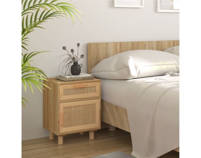 Sonata H Нощно шкафче, кафяво, борово дърво масив и естествен ратан