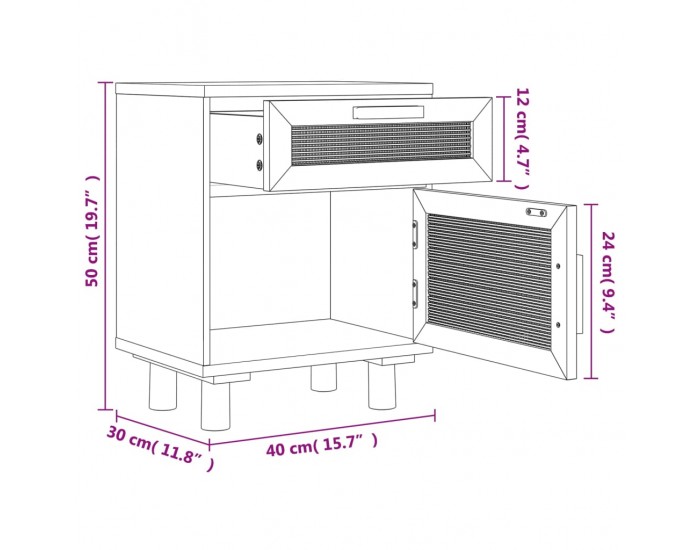 Sonata H Нощно шкафче, кафяво, борово дърво масив и естествен ратан
