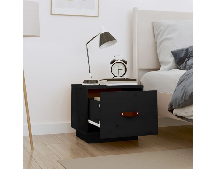 Sonata H Нощно шкафче, черно, 40x34x35 см, борово дърво масив