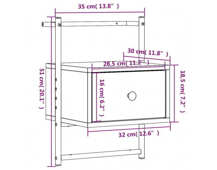 Sonata H Нощно шкафче стенно сив сонома 35x30x51 см инженерно дърво