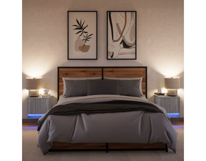 Sonata H Нощни шкафчета за стена с LED осветление, 2 бр, сив сонома