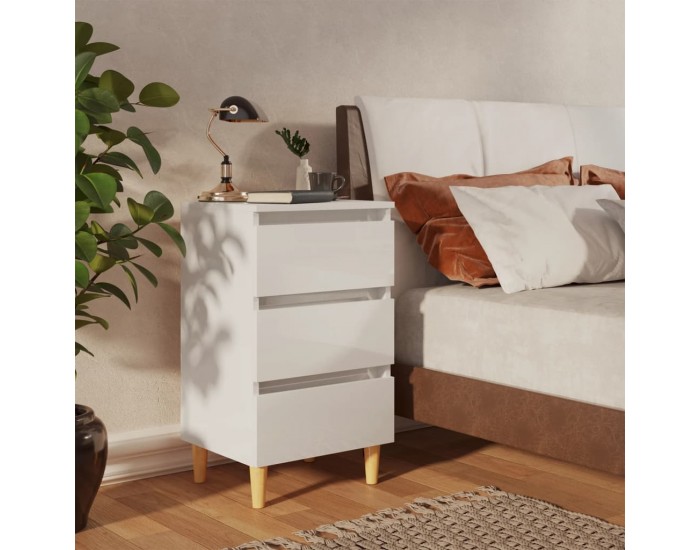 Sonata H Нощно шкафче с крака от дърво масив, бял гланц, 40x35x69 см