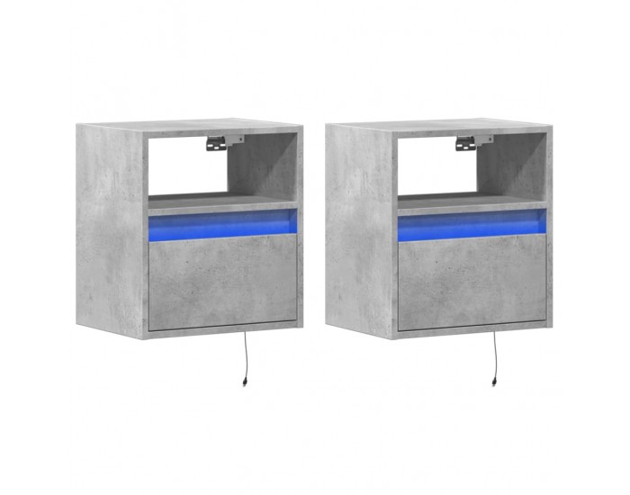 Sonata H Нощни шкафчета за стена с LED осветление, 2 бр, бетонно сиви