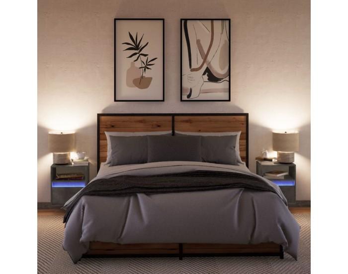 Sonata H Нощни шкафчета за стена с LED осветление, 2 бр, бетонно сиви