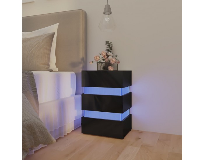 Sonata H Нощно шкафче с LED, черен гланц, 45x35x67 см, инженерно дърво